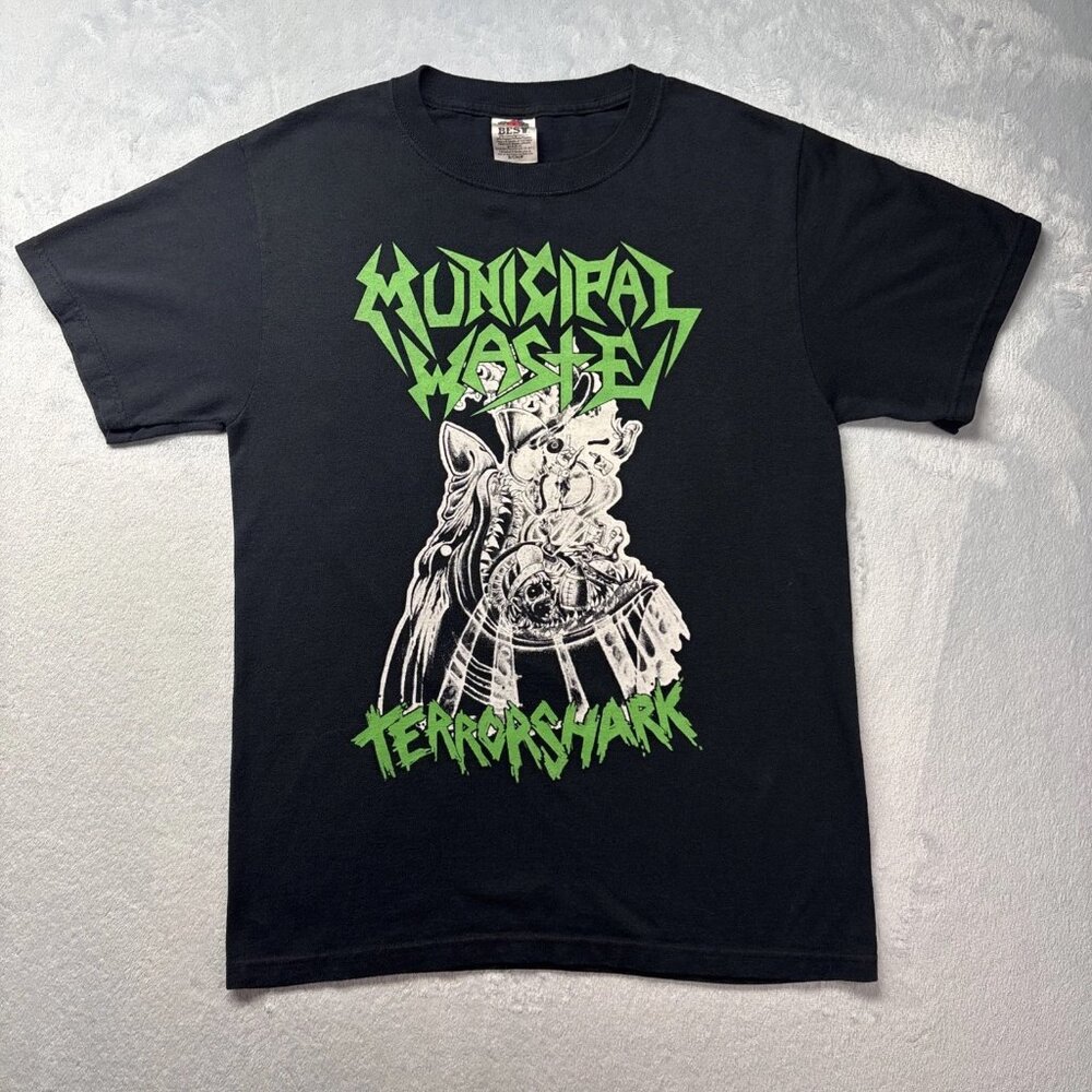 Vintage Municipal Waste Terror Shark Size Small Two Sided Black Graphic T-Shirt
